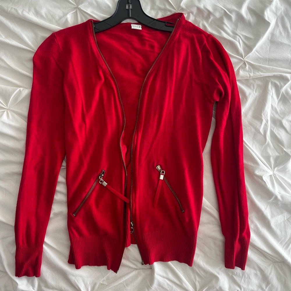 VILA Red Women's Cardigan with Zipper Details